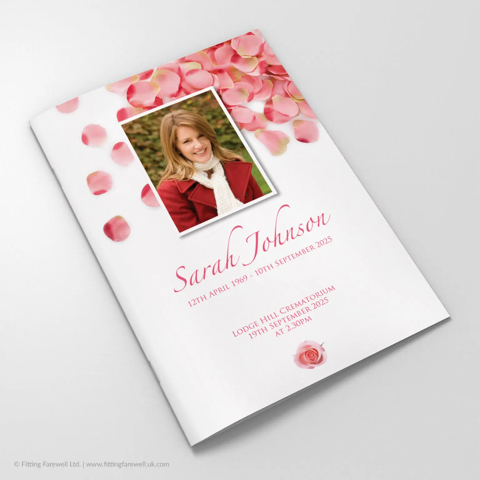 The Pink Petals Funeral Order of Service design is exclusively available from Fitting Farewell.