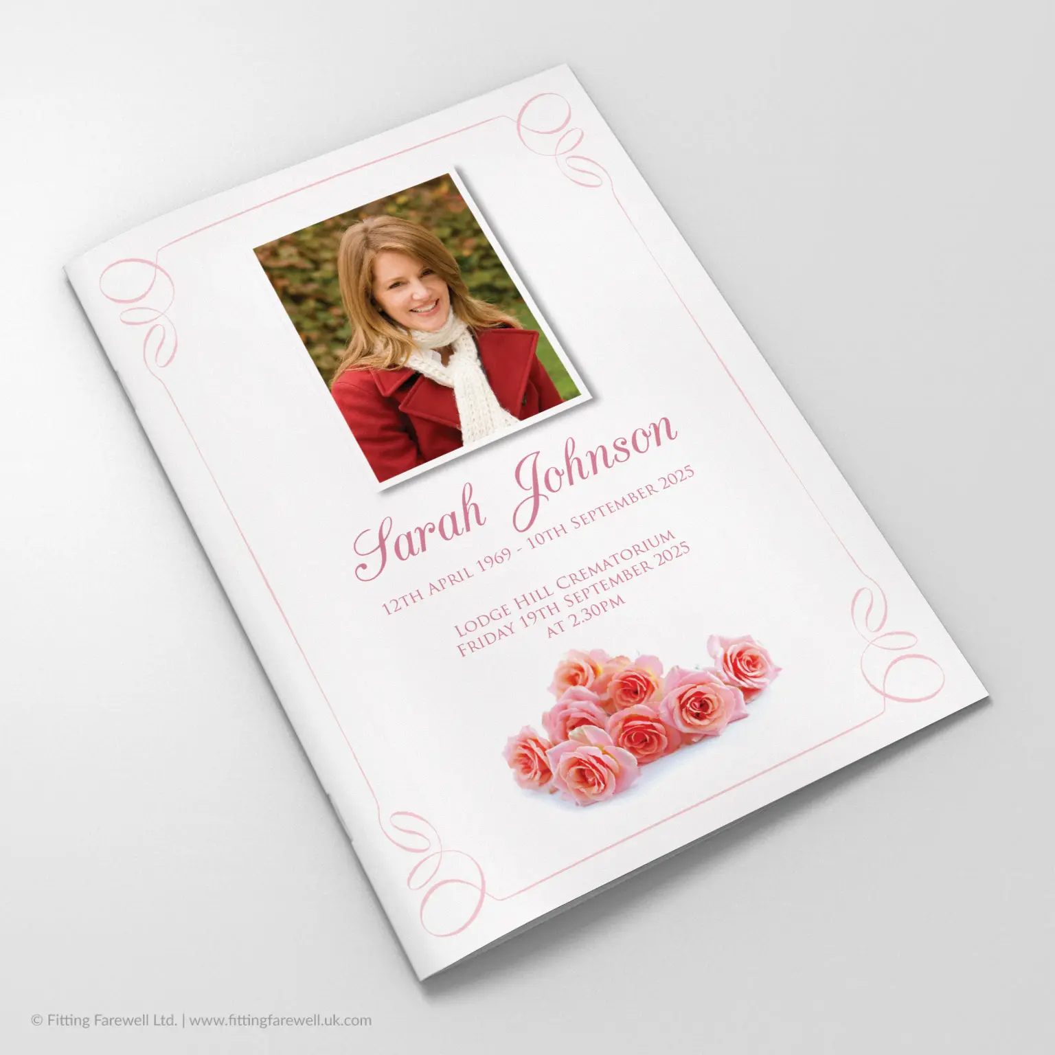 The Pink Roses Funeral Order of Service design is exclusively available from Fitting Farewell.