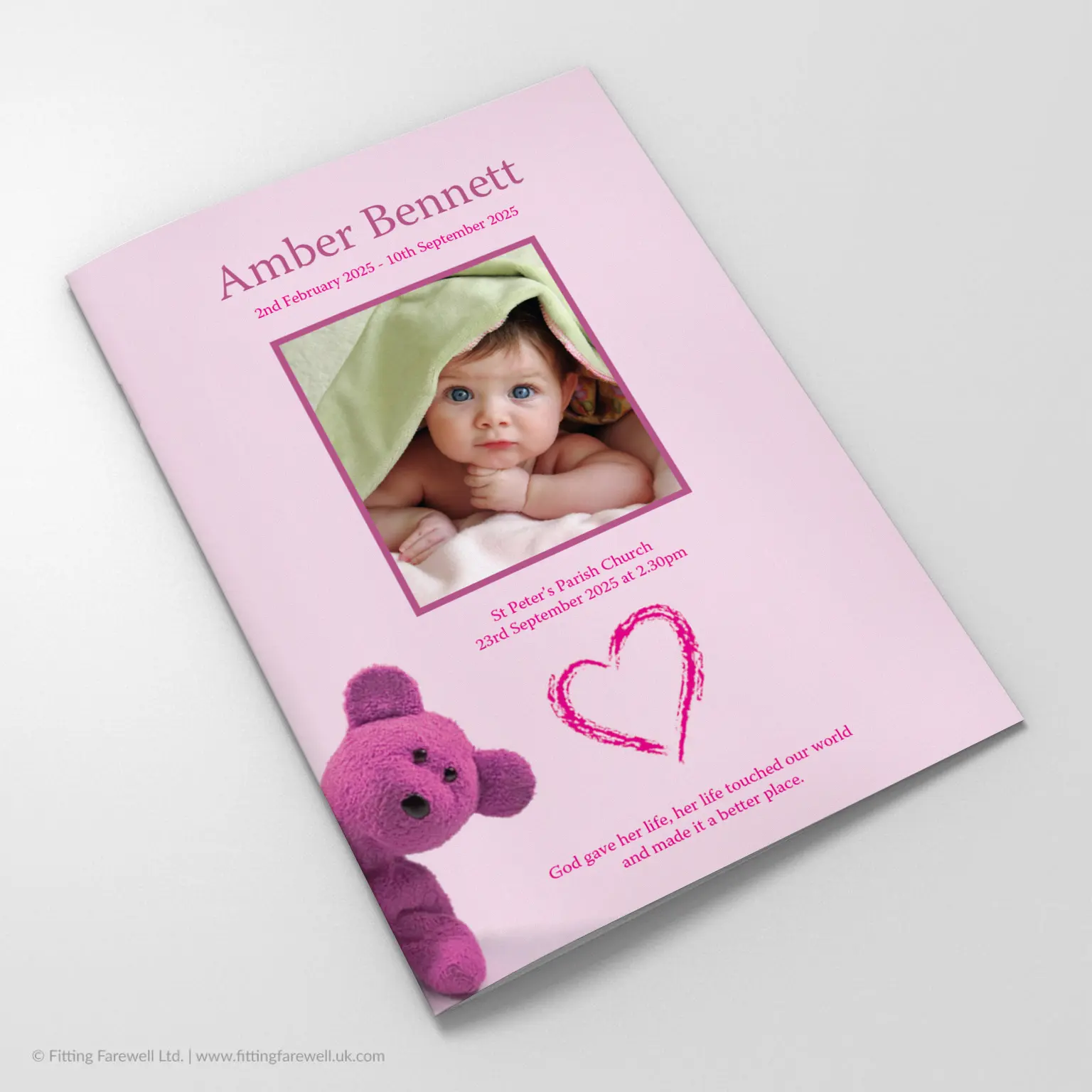 The Pink Teddy Funeral Order of Service design is exclusively available from Fitting Farewell.