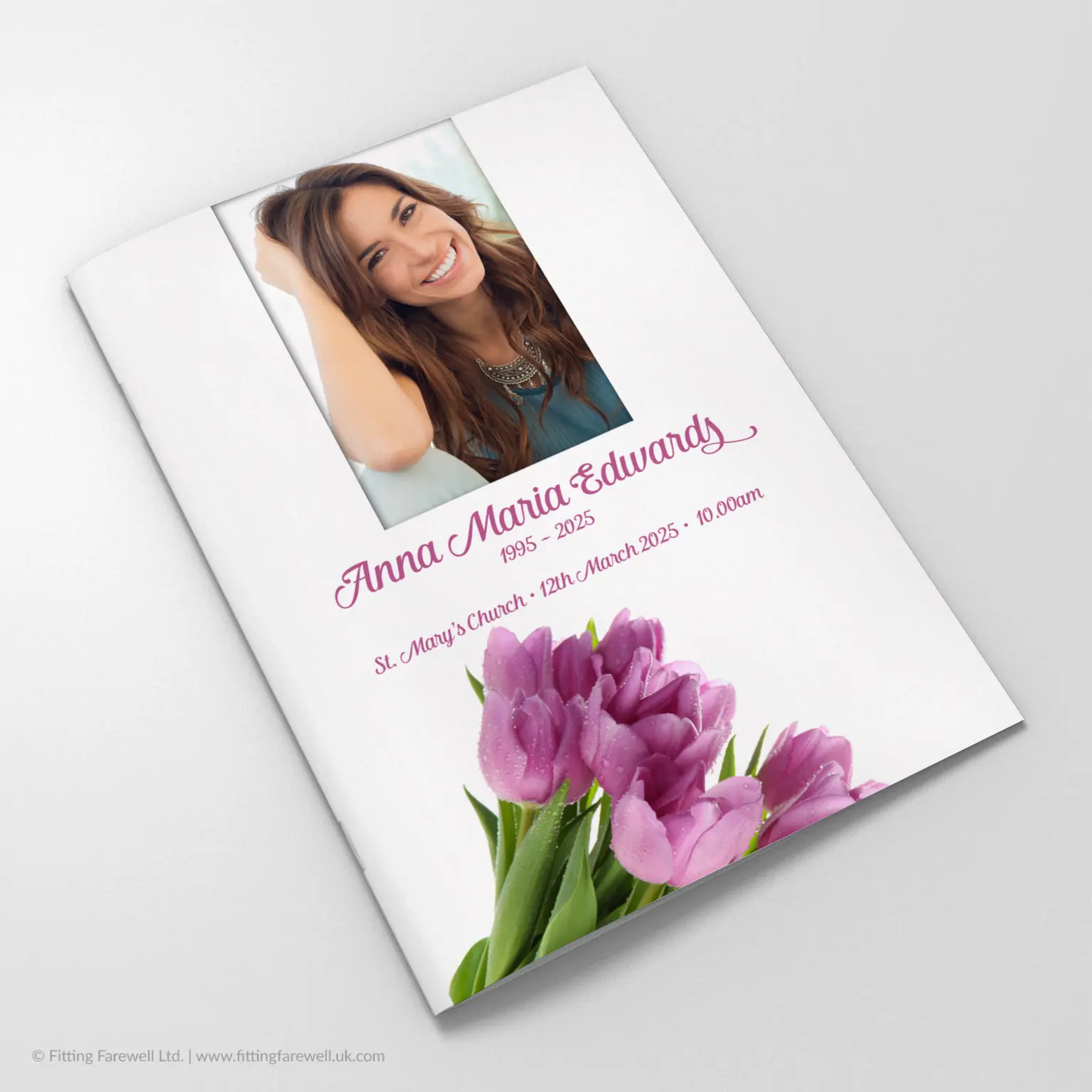 The Pink Tulips Funeral Order of Service design is exclusively available from Fitting Farewell.