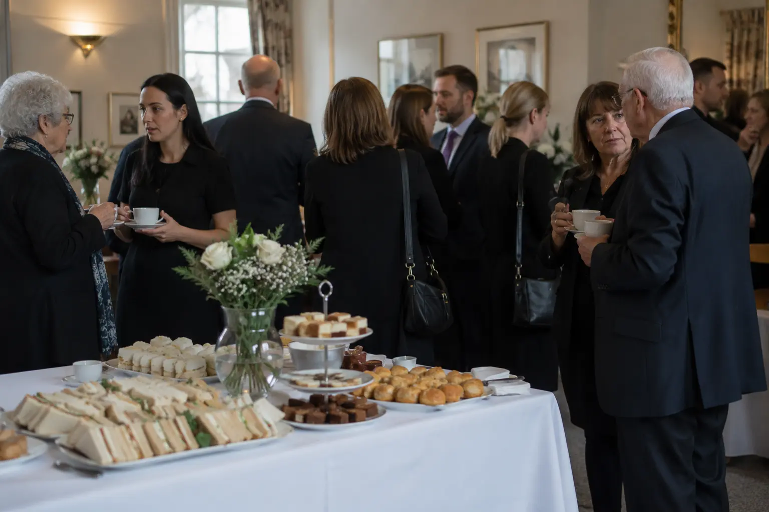 Small group talking, warm and understated at a UK wake/reception.