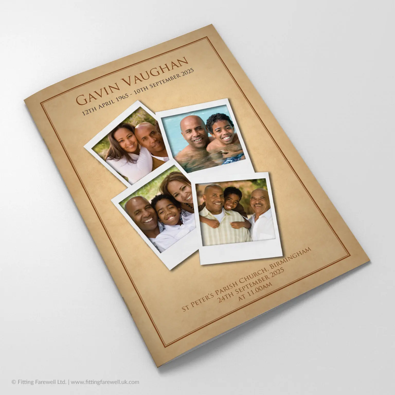 The Polaroid Memories Funeral Order of Service design is exclusively available from Fitting Farewell.