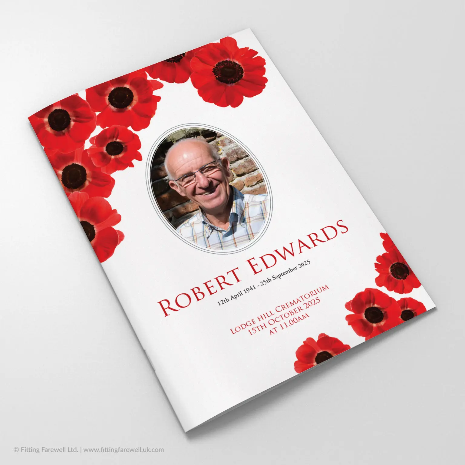 The Red Poppies Funeral Order of Service design is exclusively available from Fitting Farewell.