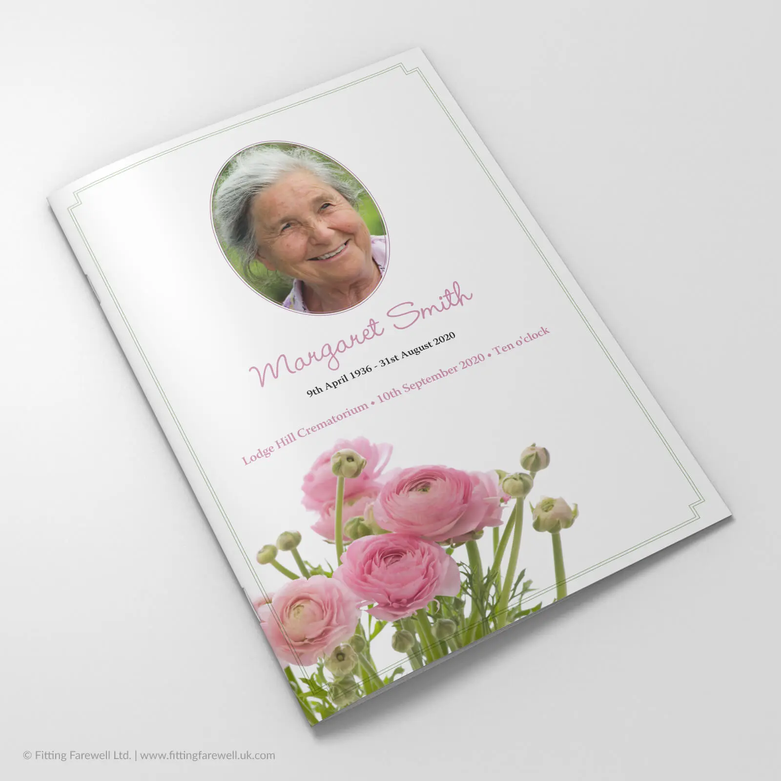 The Ranunculus Funeral Order of Service design is exclusively available from Fitting Farewell.