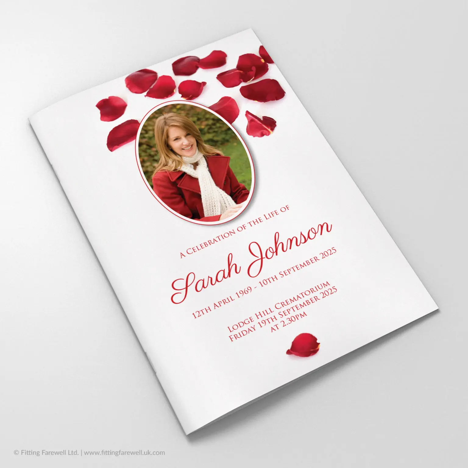 The Red Petals Funeral Order of Service design is exclusively available from Fitting Farewell.
