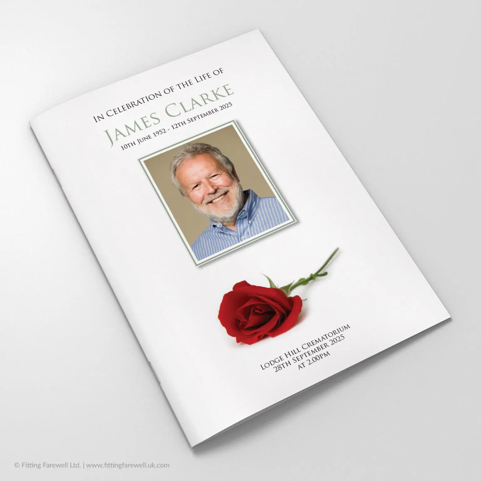 The Red Rose Funeral Order of Service design is exclusively available from Fitting Farewell.