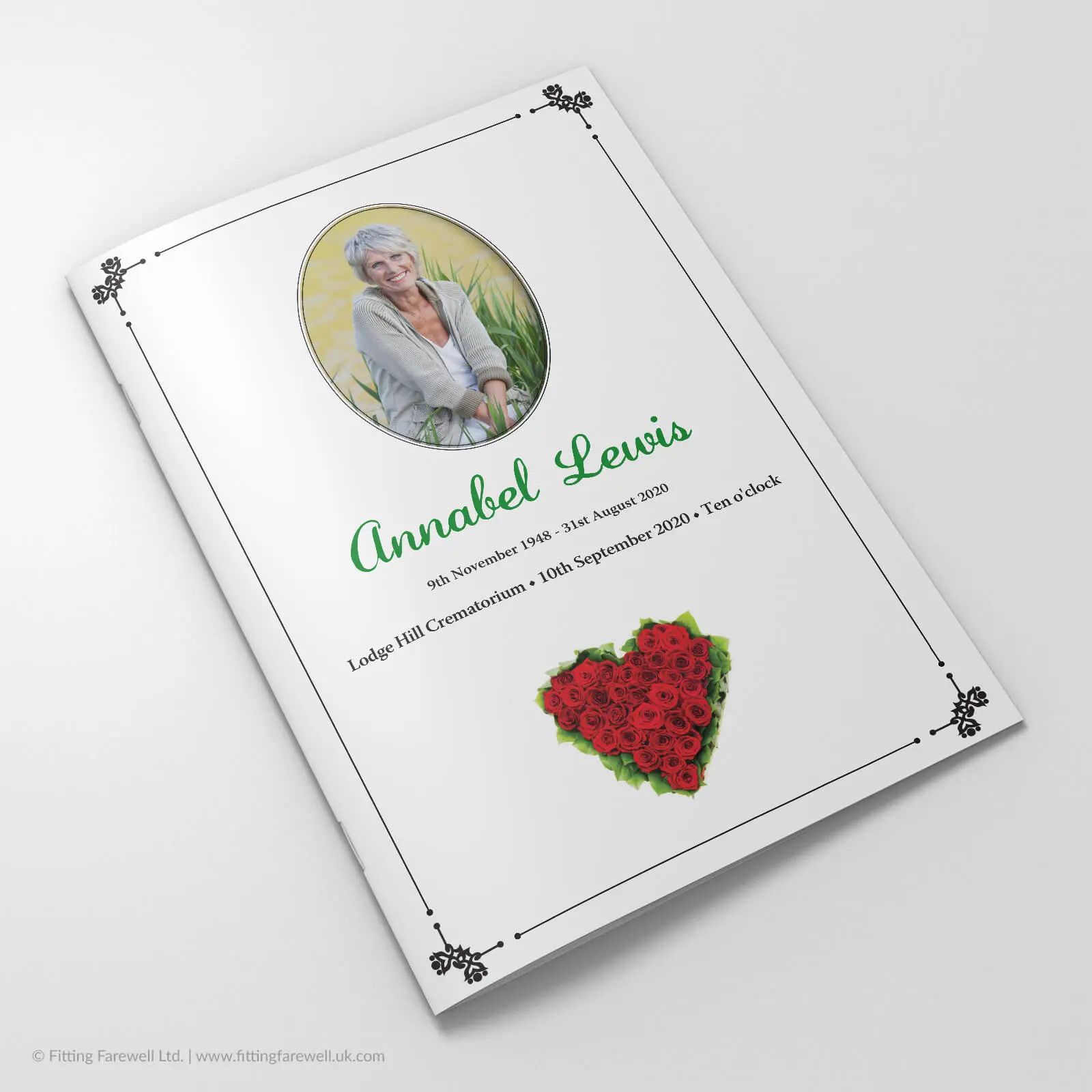 The Red Rose Heart Funeral Order of Service design is exclusively available from Fitting Farewell.
