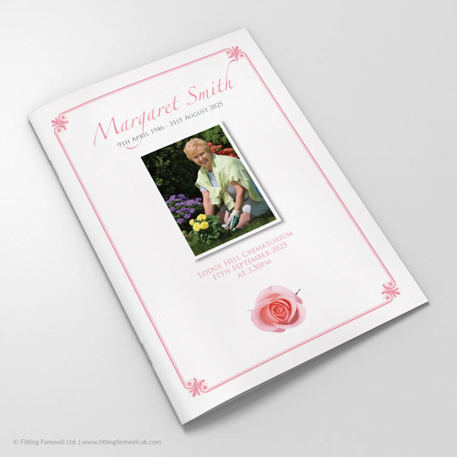 The Rose Bloom Funeral Order of Service design is exclusively available from Fitting Farewell.