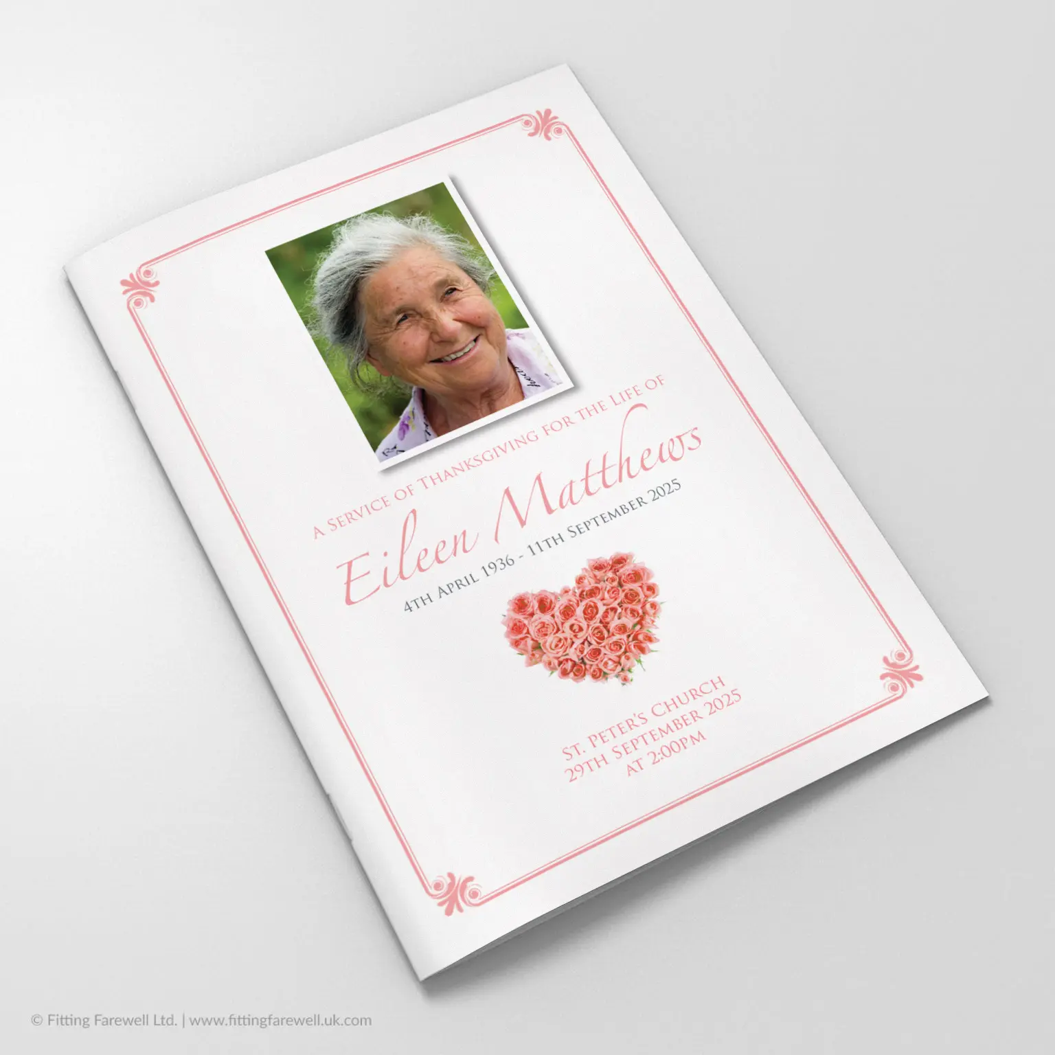 The Rose Heart Funeral Order of Service design is exclusively available from Fitting Farewell.