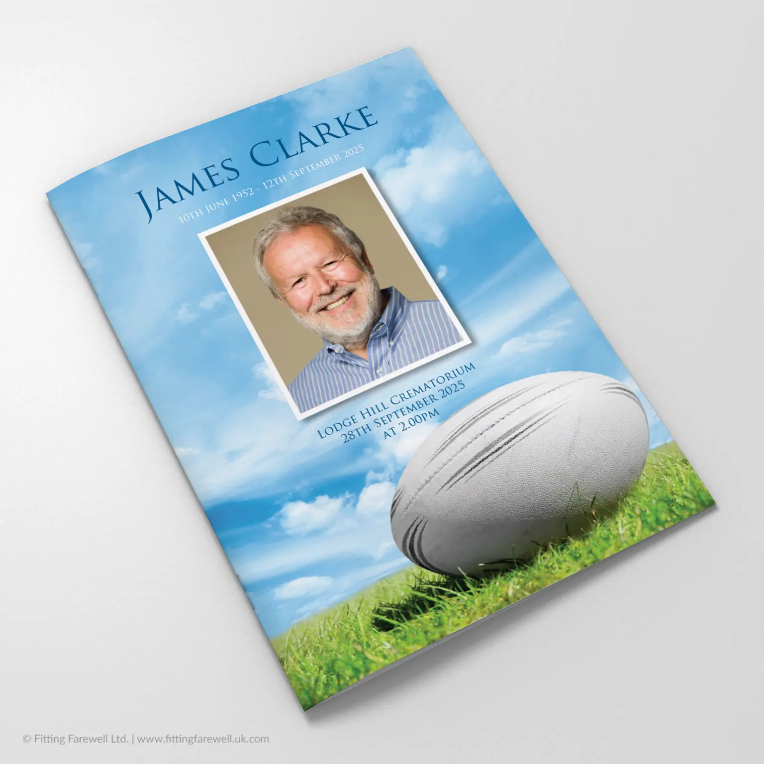 The Rugby Funeral Order of Service design is exclusively available from Fitting Farewell.