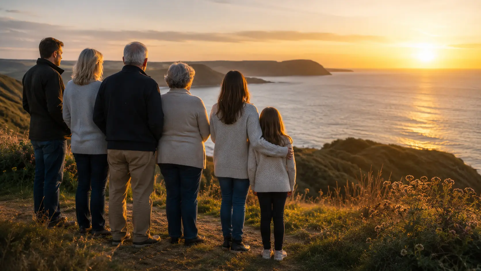 A family gathering at a peaceful UK-looking coastline to scatter ashes.