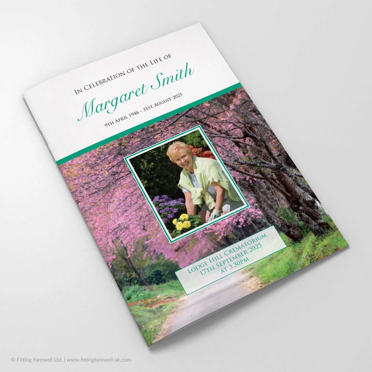 The Spring Blossom Funeral Order of Service design is exclusively available from Fitting Farewell.