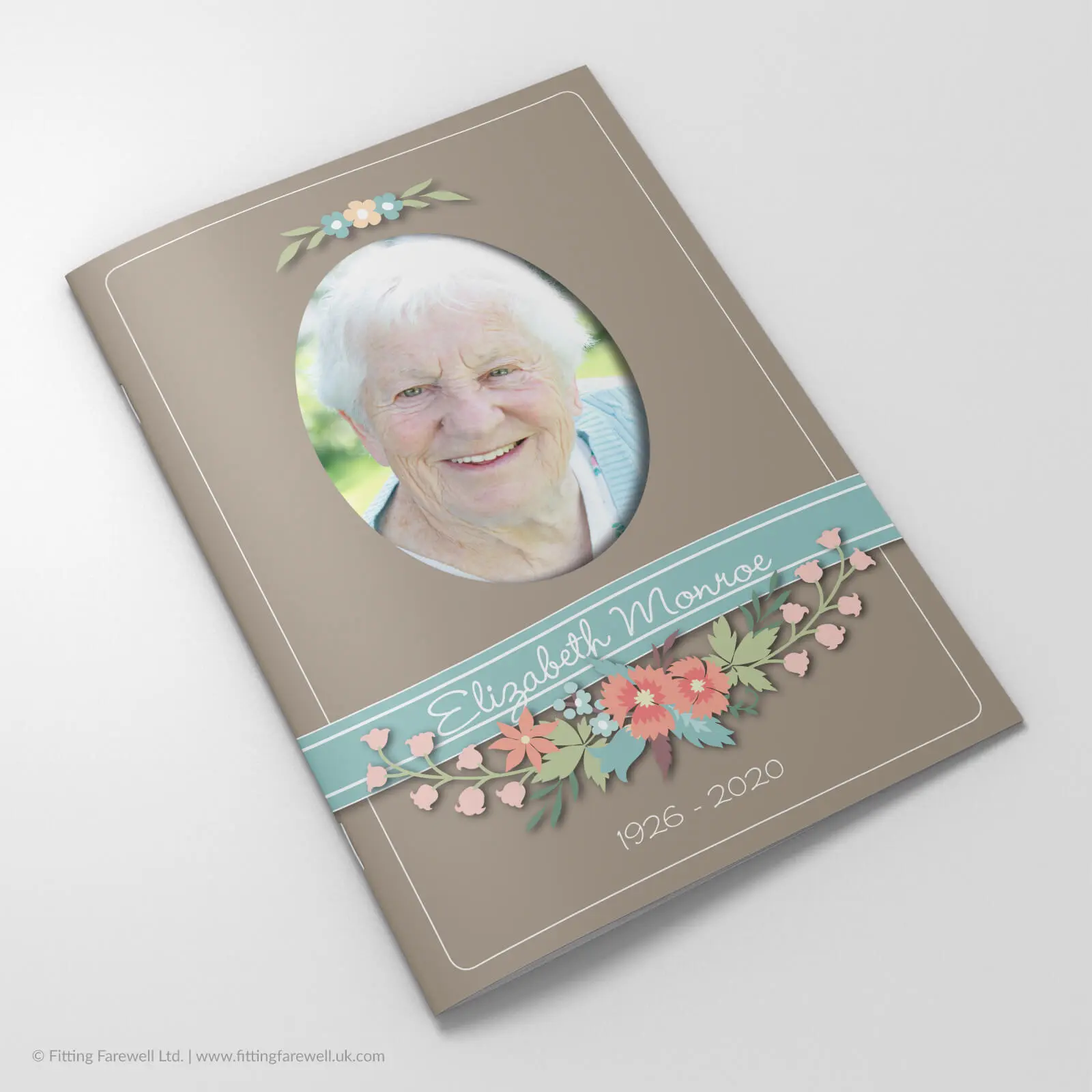 The Aqua Flower Banner Funeral Order of Service design is exclusively available from Fitting Farewell.