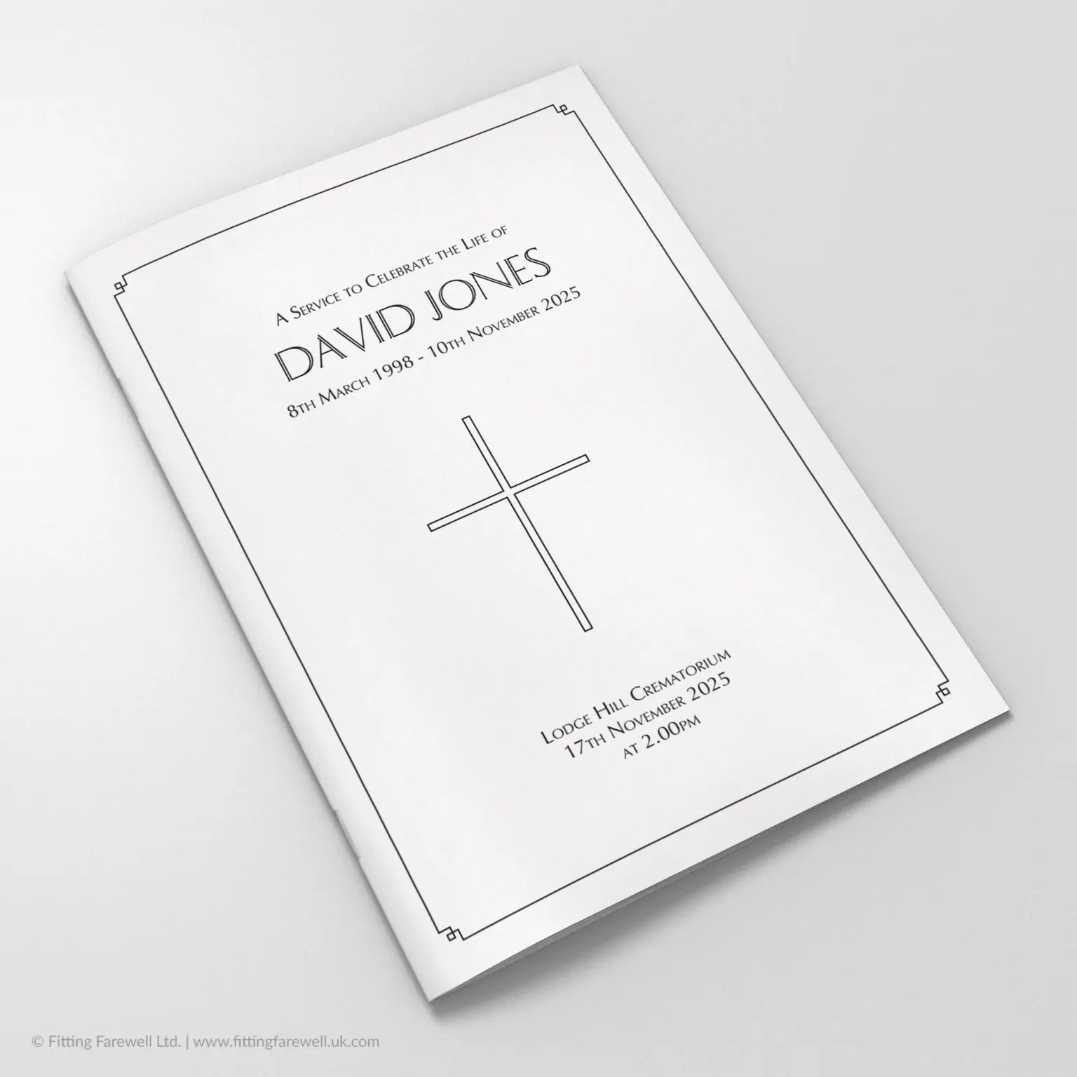 The Square Border Funeral Order of Service design is exclusively available from Fitting Farewell.