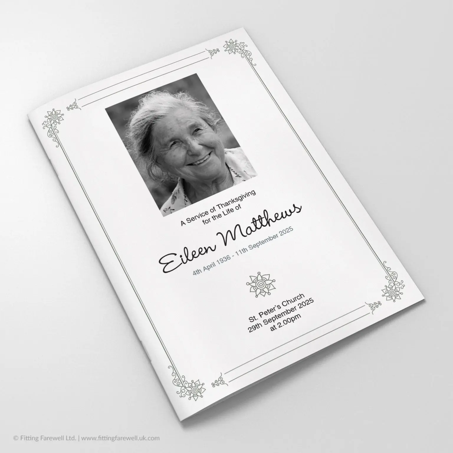 The Starflower Border Funeral Order of Service design is exclusively available from Fitting Farewell.