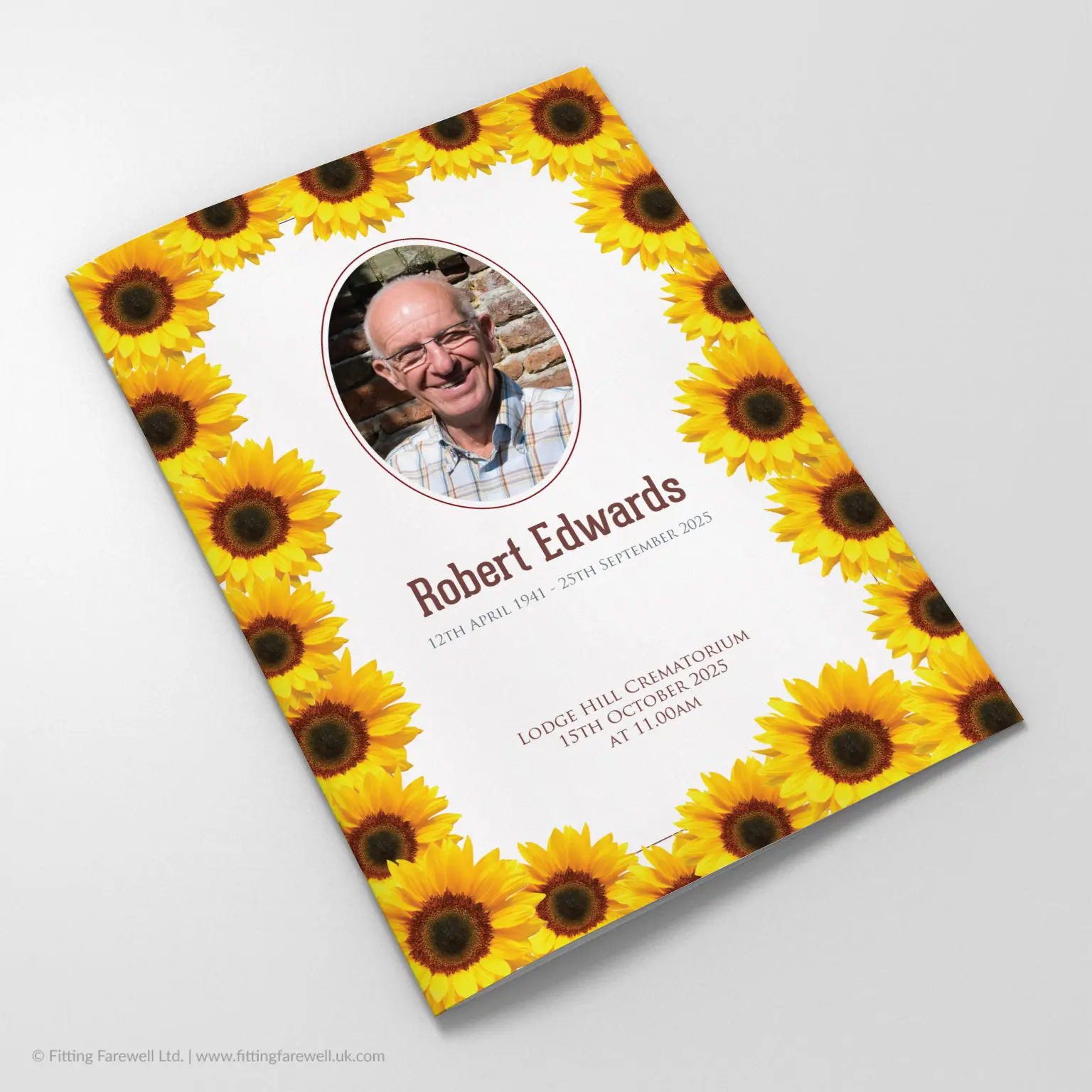 The Sunflowers Funeral Order of Service design is exclusively available from Fitting Farewell.