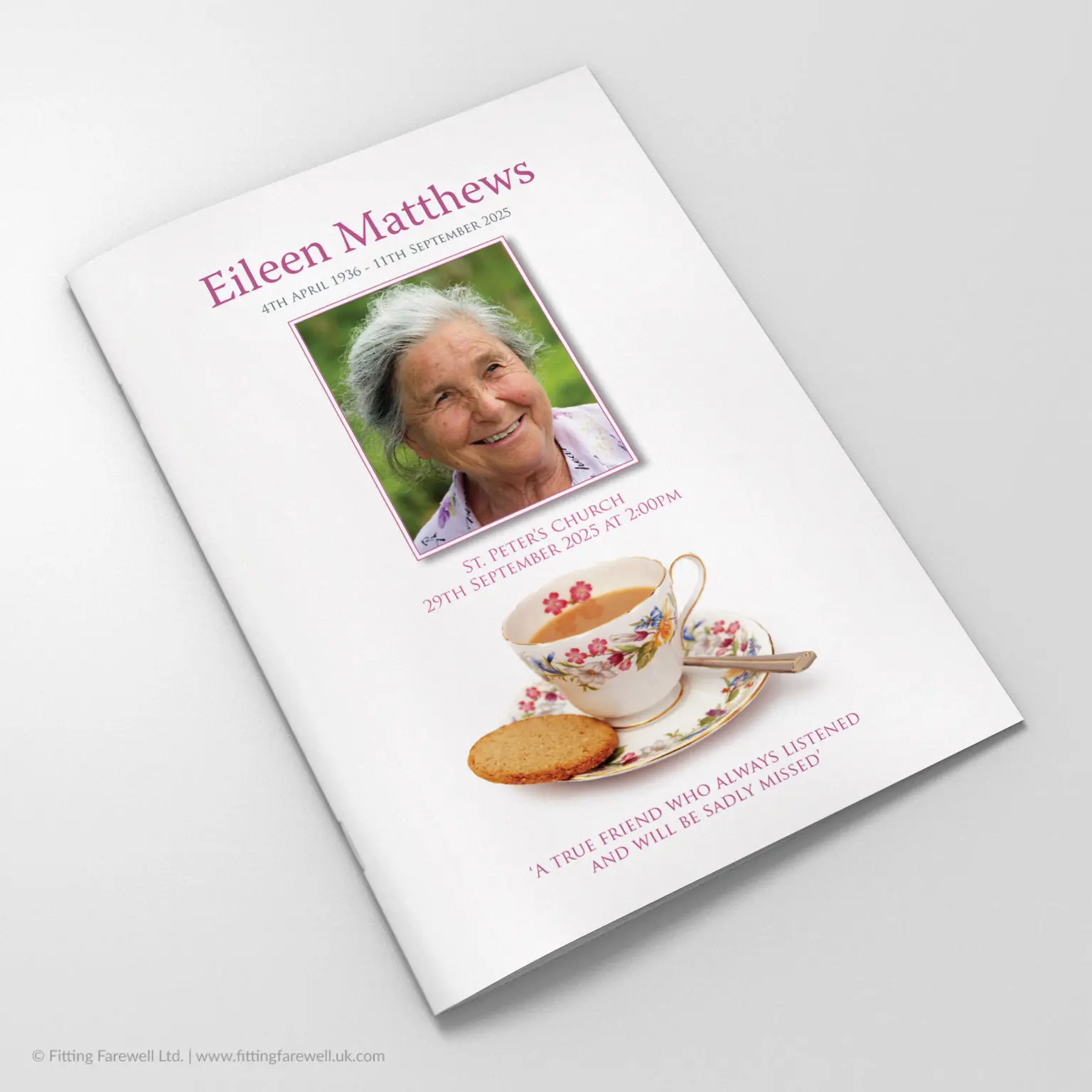 The Tea Time Funeral Order of Service design is exclusively available from Fitting Farewell.
