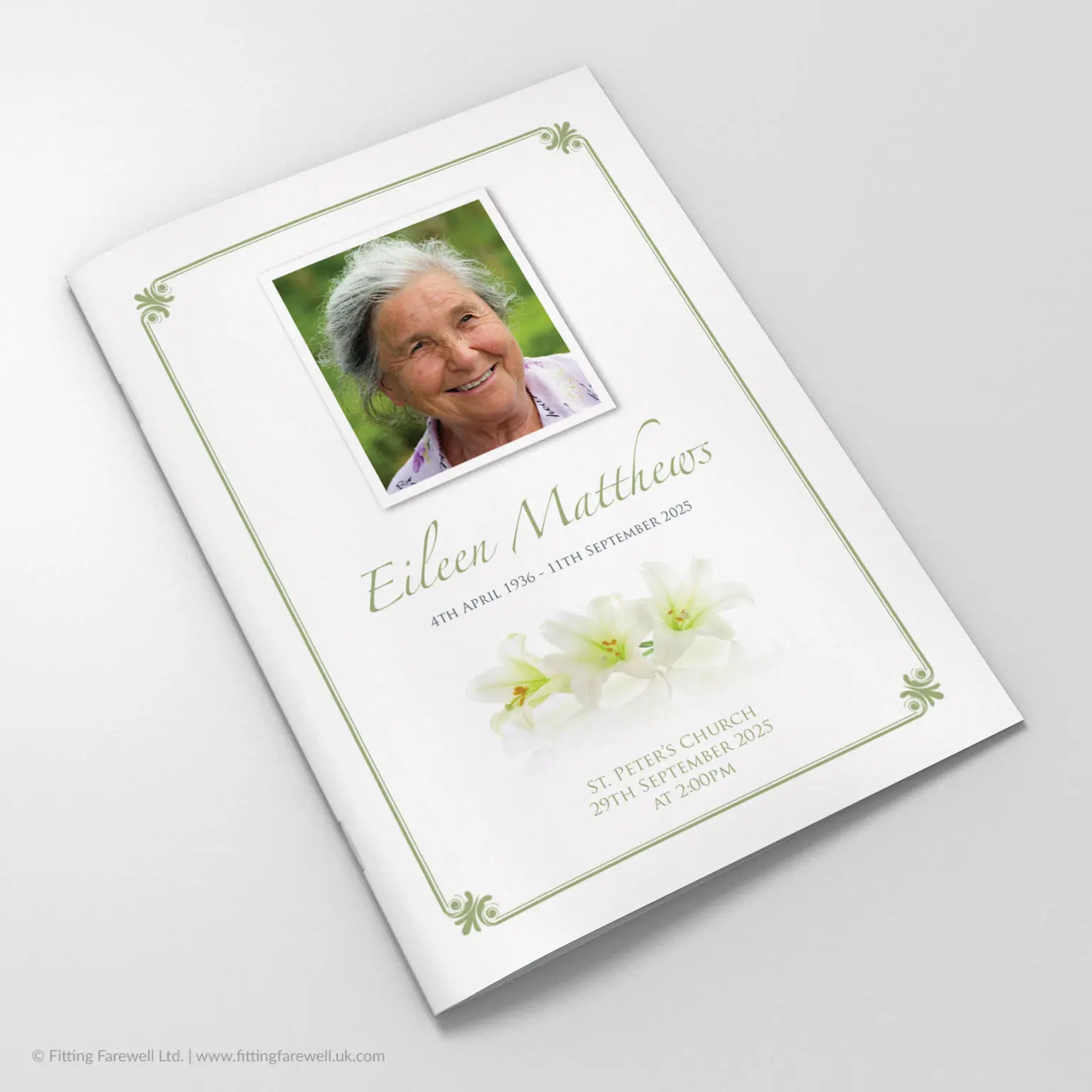The Three Lilies Funeral Order of Service design is exclusively available from Fitting Farewell.