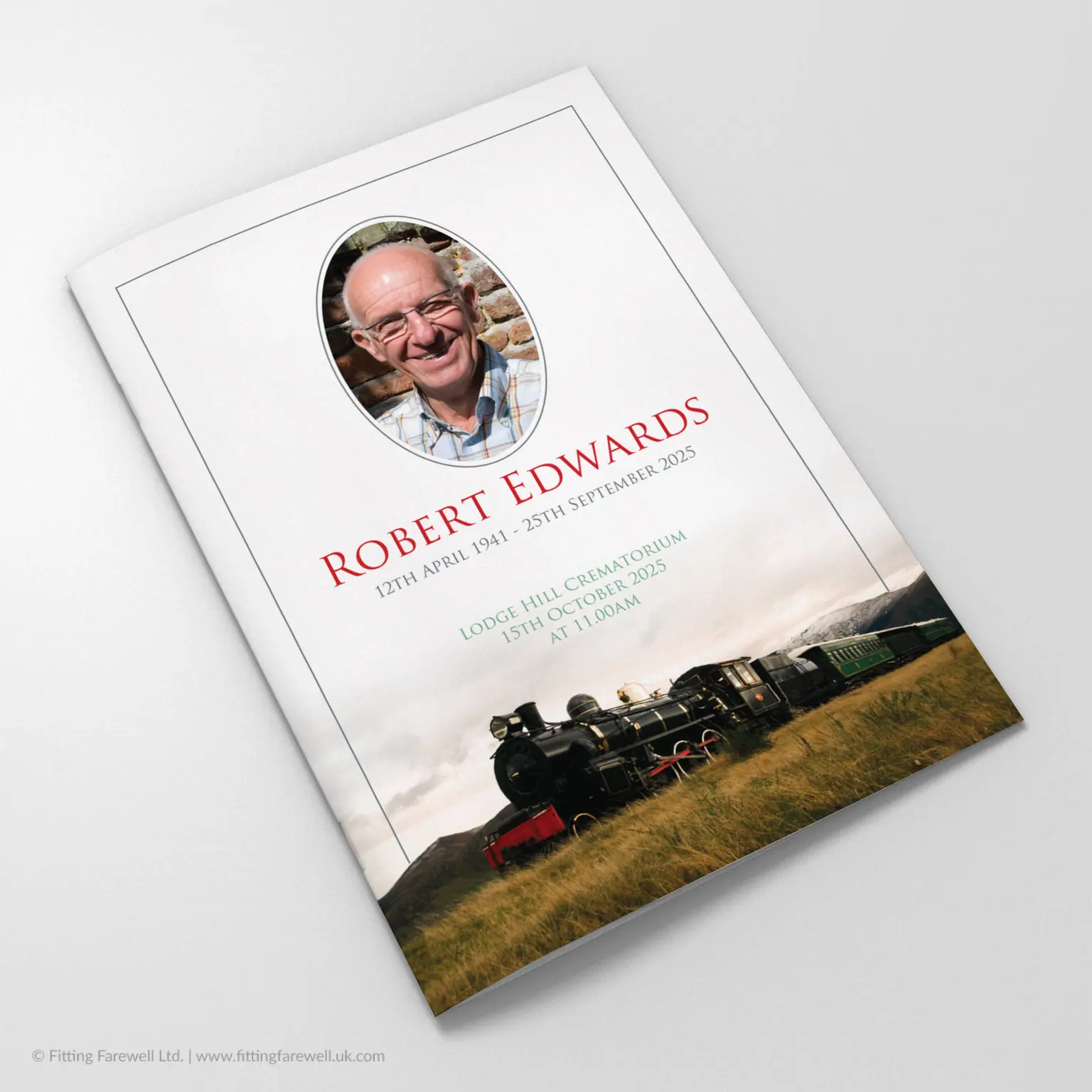 The Trains Funeral Order of Service design is exclusively available from Fitting Farewell.