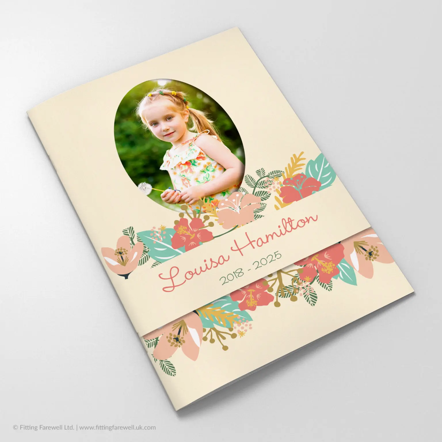 The Tropical Flowers Funeral Order of Service design is exclusively available from Fitting Farewell.
