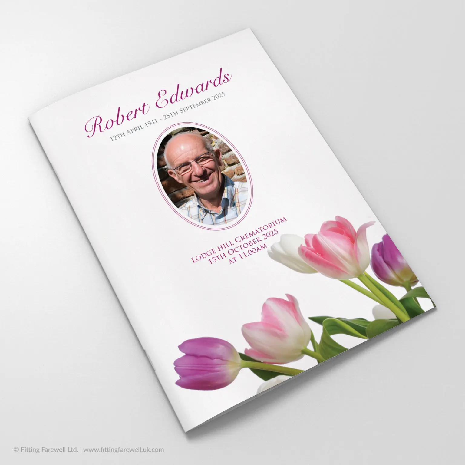 The Tulips Funeral Order of Service design is exclusively available from Fitting Farewell.