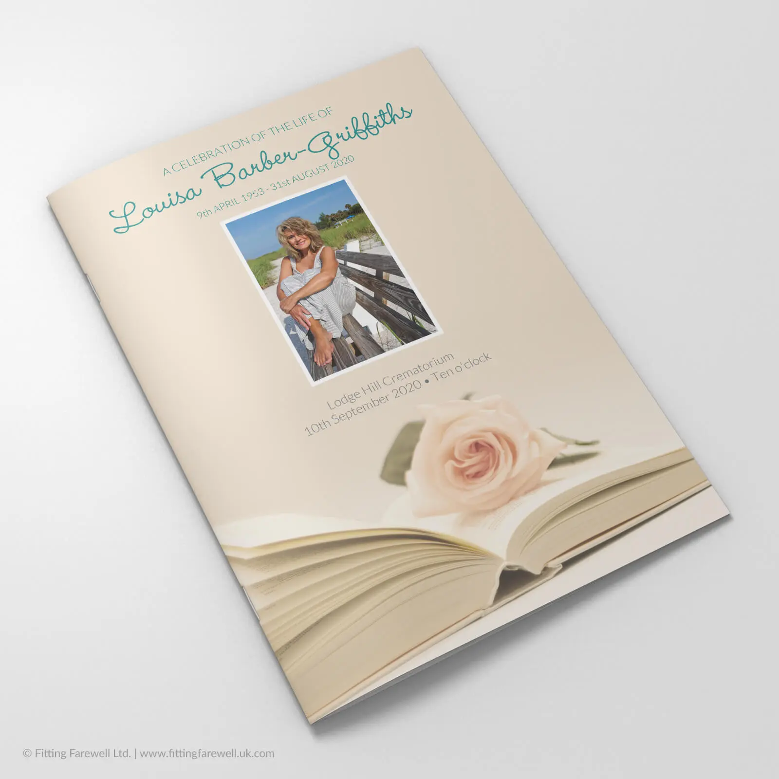 The Vintage Book Funeral Order of Service design is exclusively available from Fitting Farewell.
