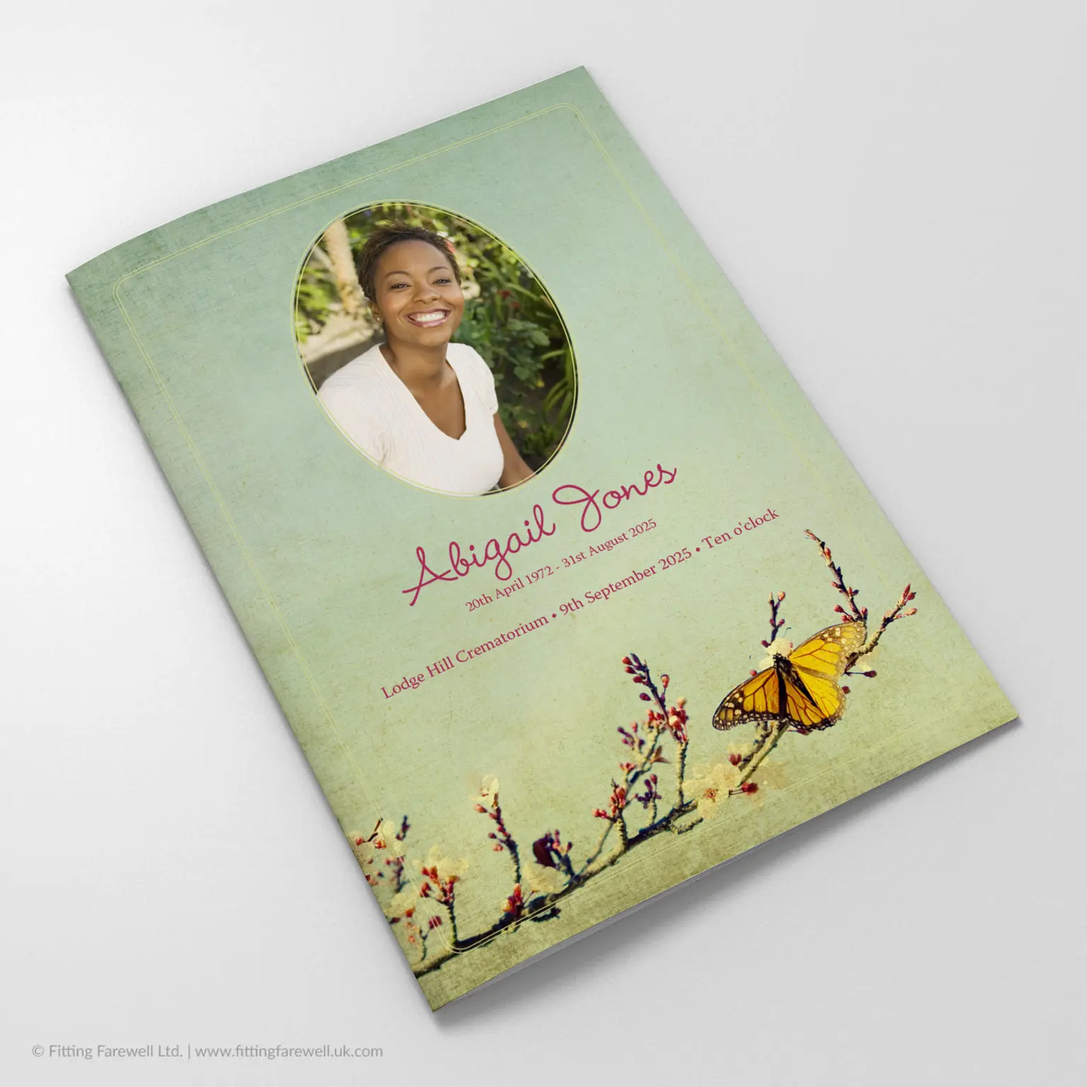 The Vintage Butterflies Funeral Order of Service design is exclusively available from Fitting Farewell.
