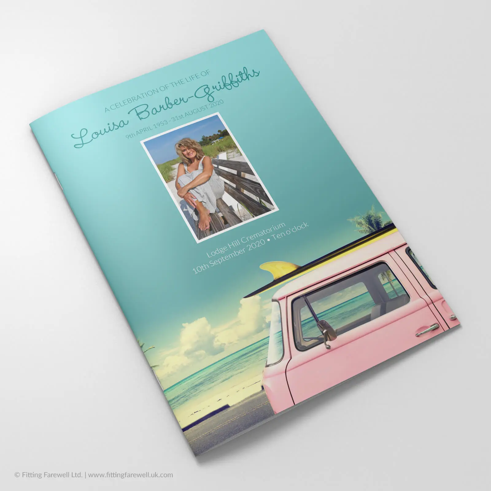 The Vintage Campervan Funeral Order of Service design is exclusively available from Fitting Farewell.
