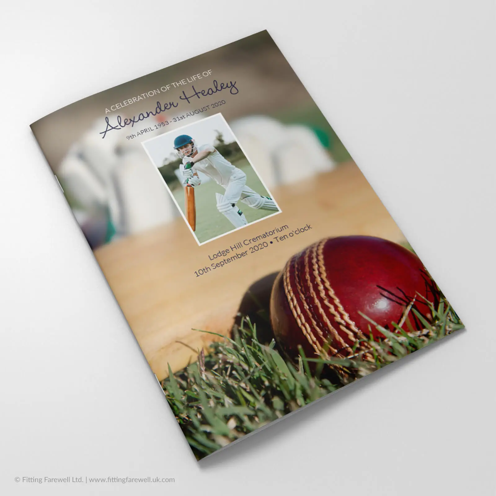 The Vintage Cricket Funeral Order of Service design is exclusively available from Fitting Farewell.