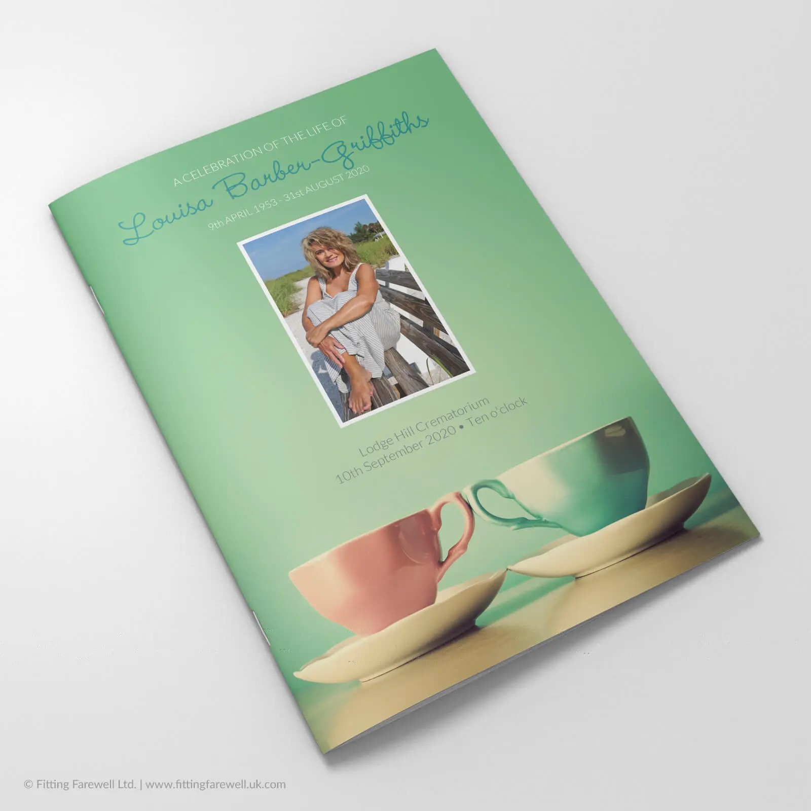 The Vintage Cups Funeral Order of Service design is exclusively available from Fitting Farewell.