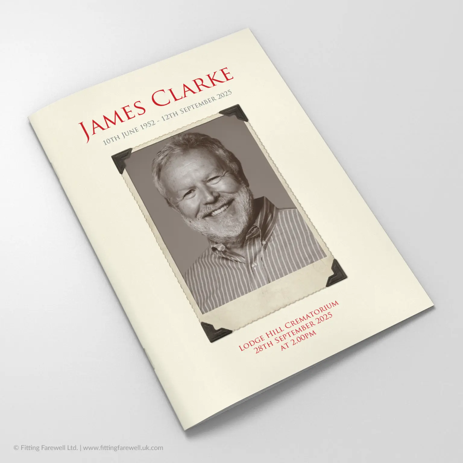The Vintage Photo Funeral Order of Service design is exclusively available from Fitting Farewell.