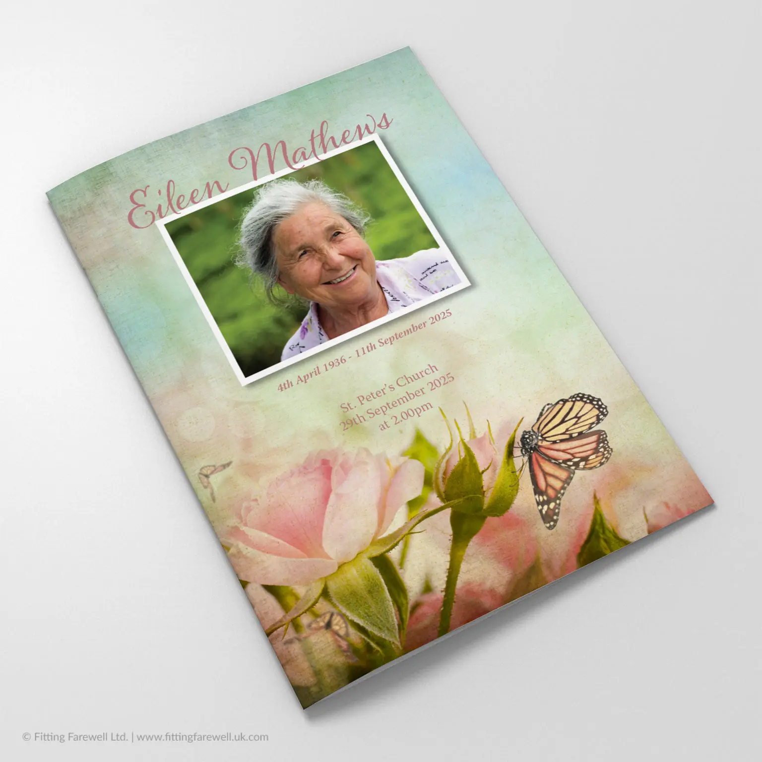 The Vintage Roses Funeral Order of Service design is exclusively available from Fitting Farewell.