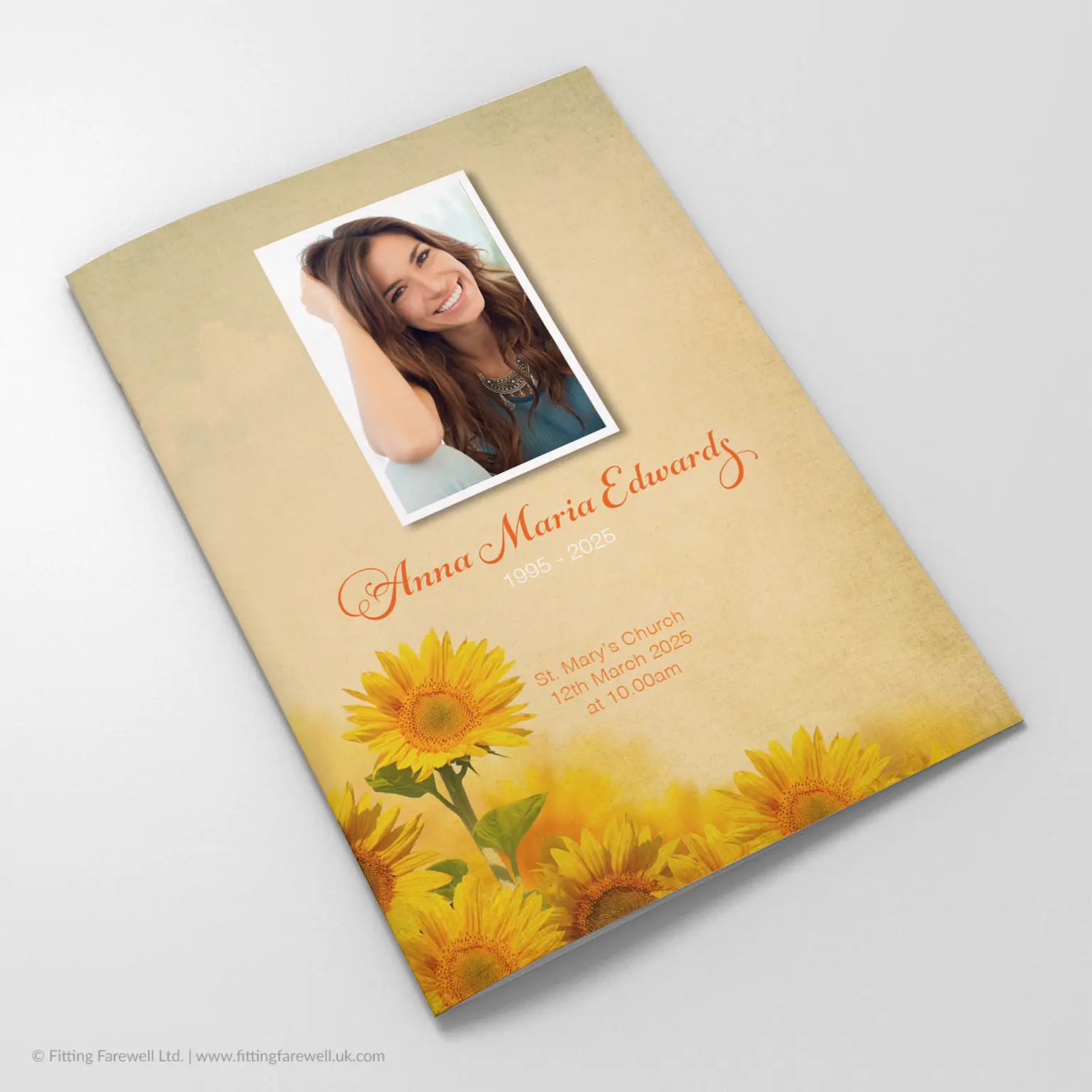 The Vintage Sunflowers Funeral Order of Service design is exclusively available from Fitting Farewell.
