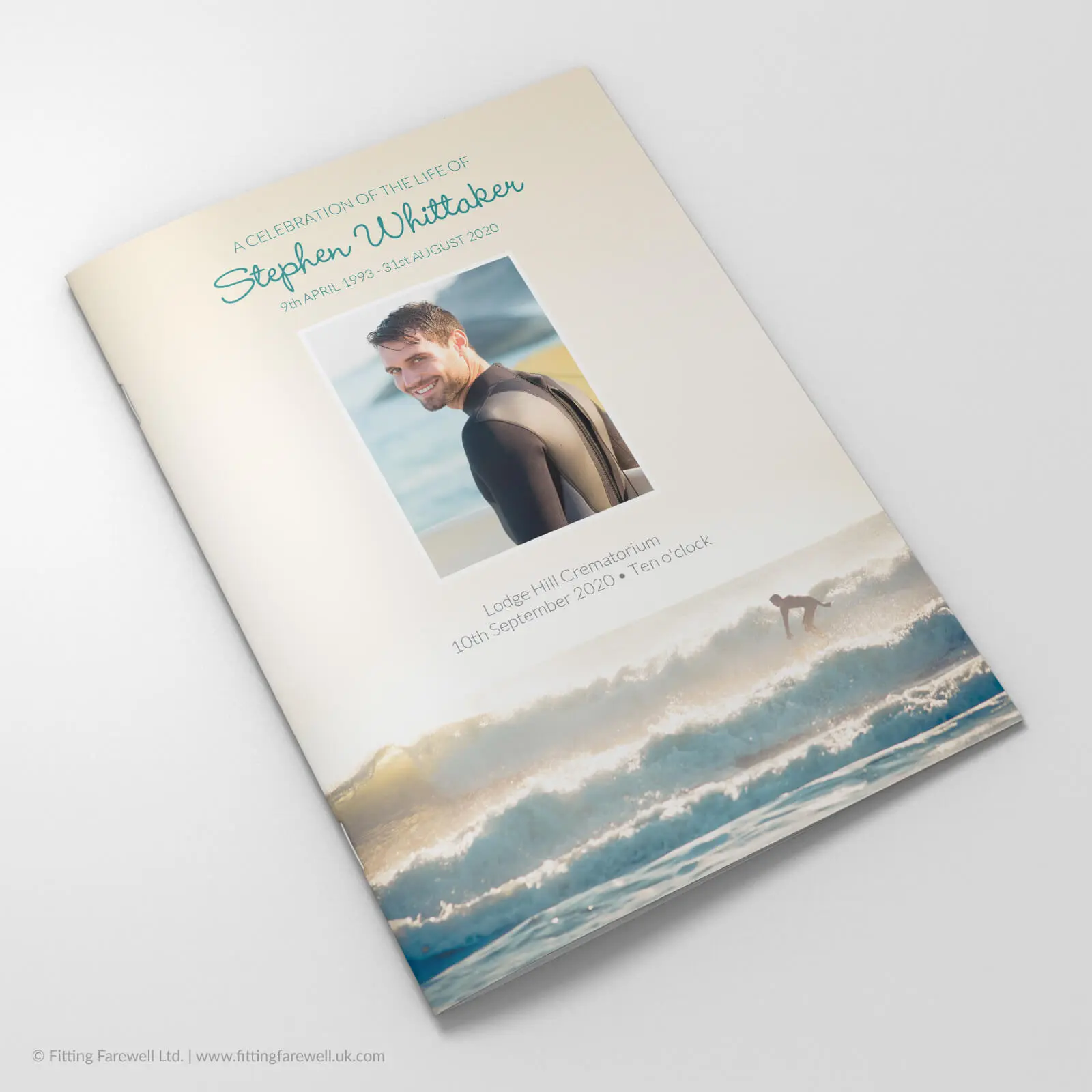 The Vintage Surfer Funeral Order of Service design is exclusively available from Fitting Farewell.