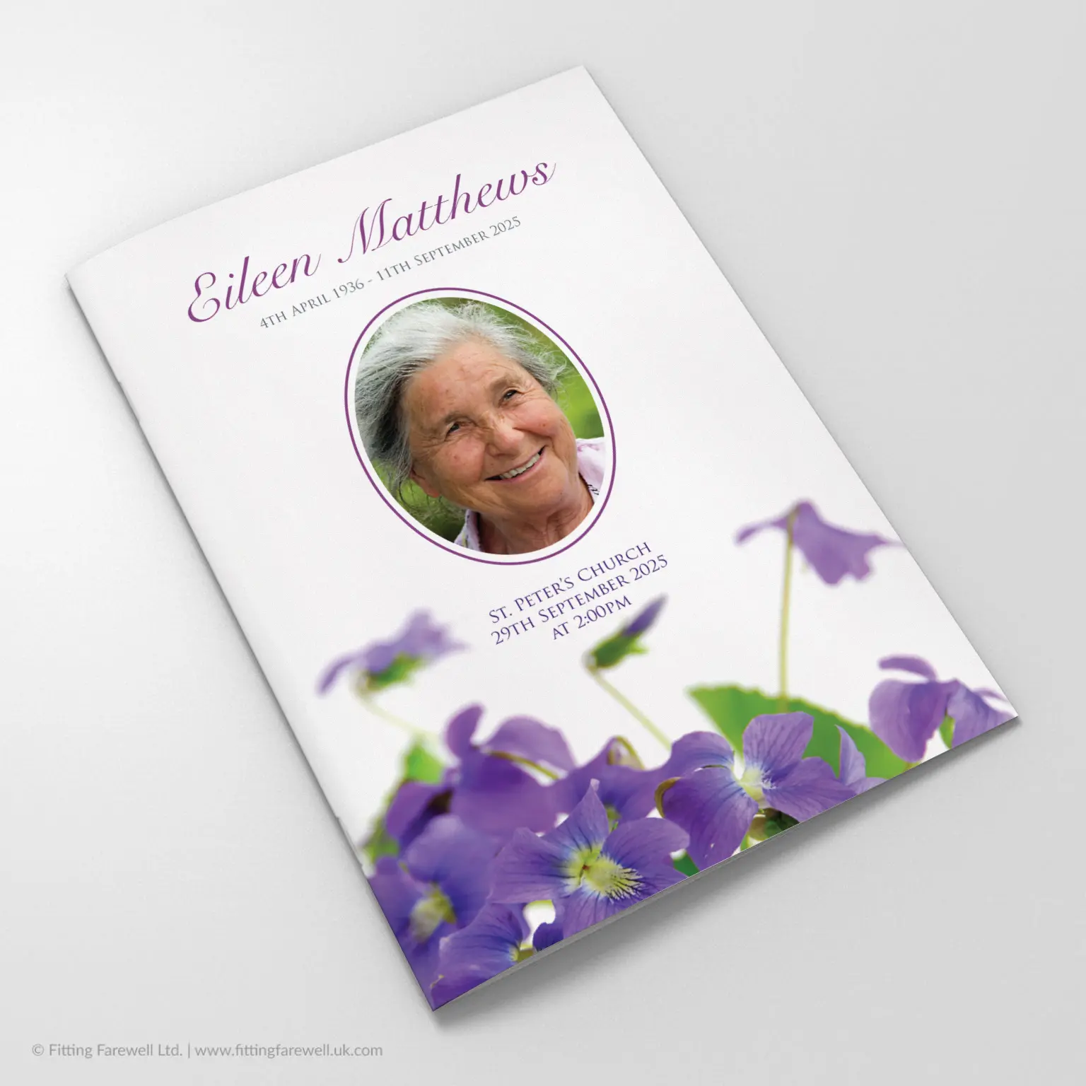 The Violets Funeral Order of Service design is exclusively available from Fitting Farewell.