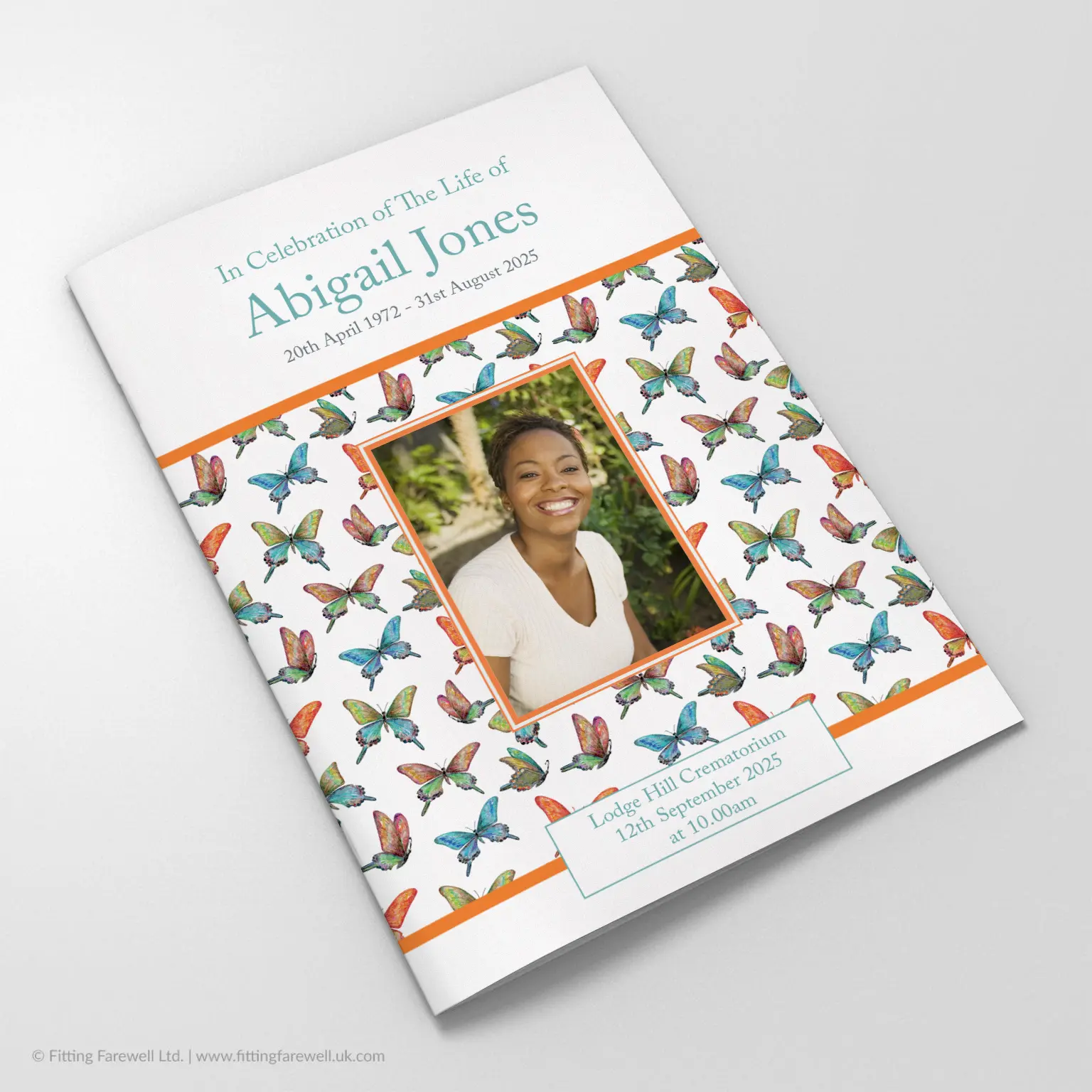 The Watercolour Butterflies Funeral Order of Service design is exclusively available from Fitting Farewell.