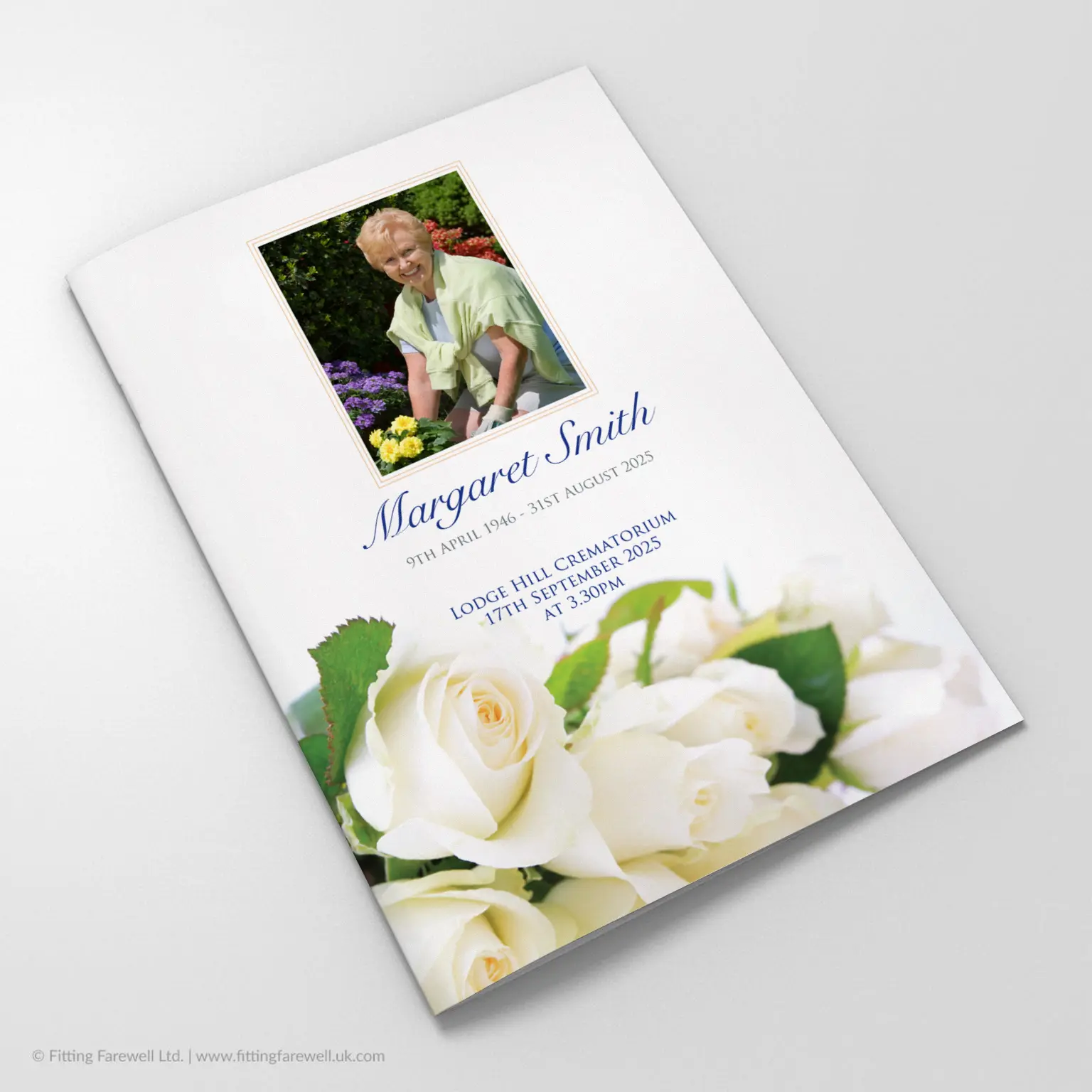 The White Roses Funeral Order of Service design is exclusively available from Fitting Farewell.