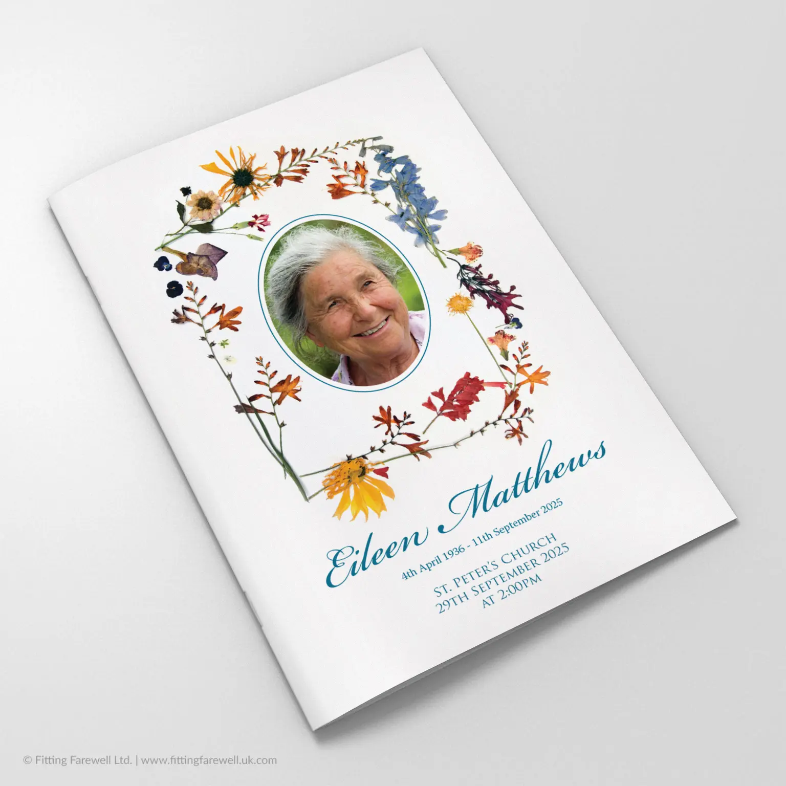 The Wild Flowers Funeral Order of Service design is exclusively available from Fitting Farewell.