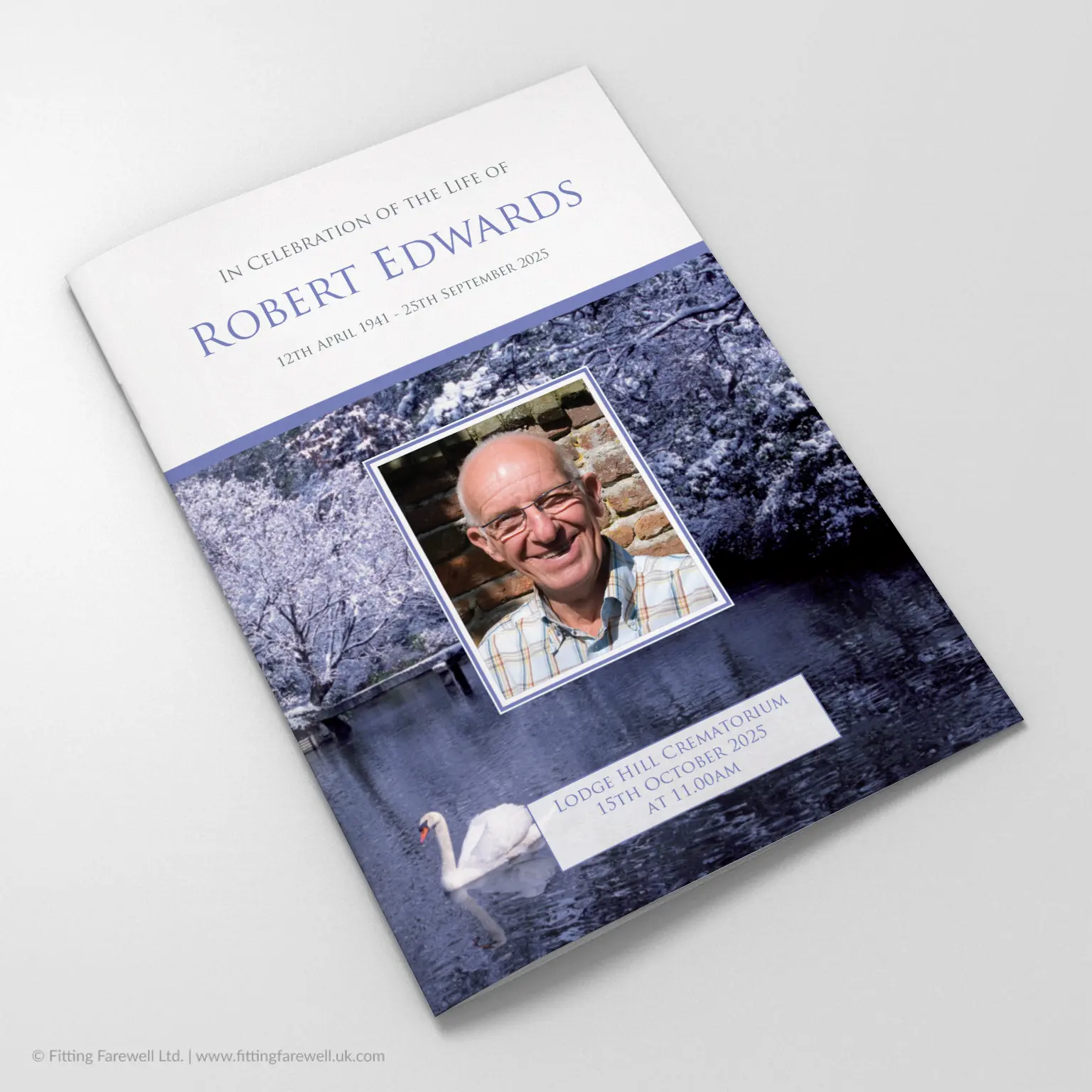 The Winter Swan Funeral Order of Service design is exclusively available from Fitting Farewell.