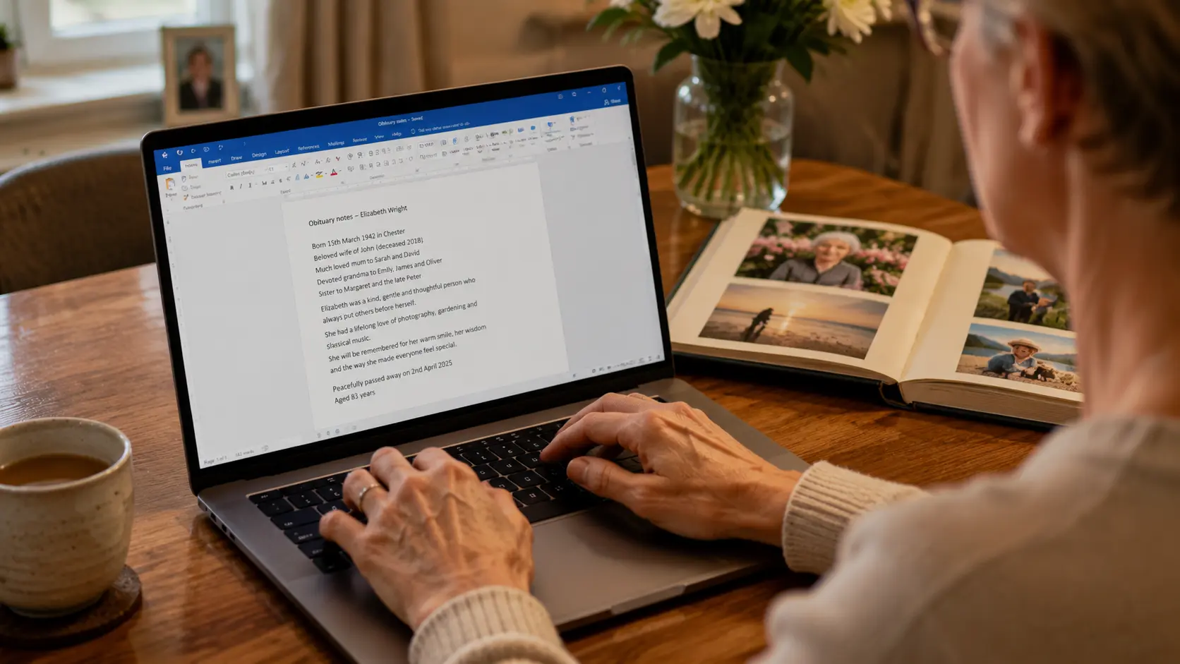 Person on laptop typing notes and looking at a photo album