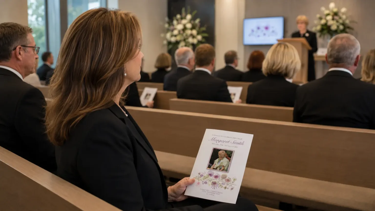 A mourner holding a printed funeral order of service booklet for Margaret Smith during a crematorium service