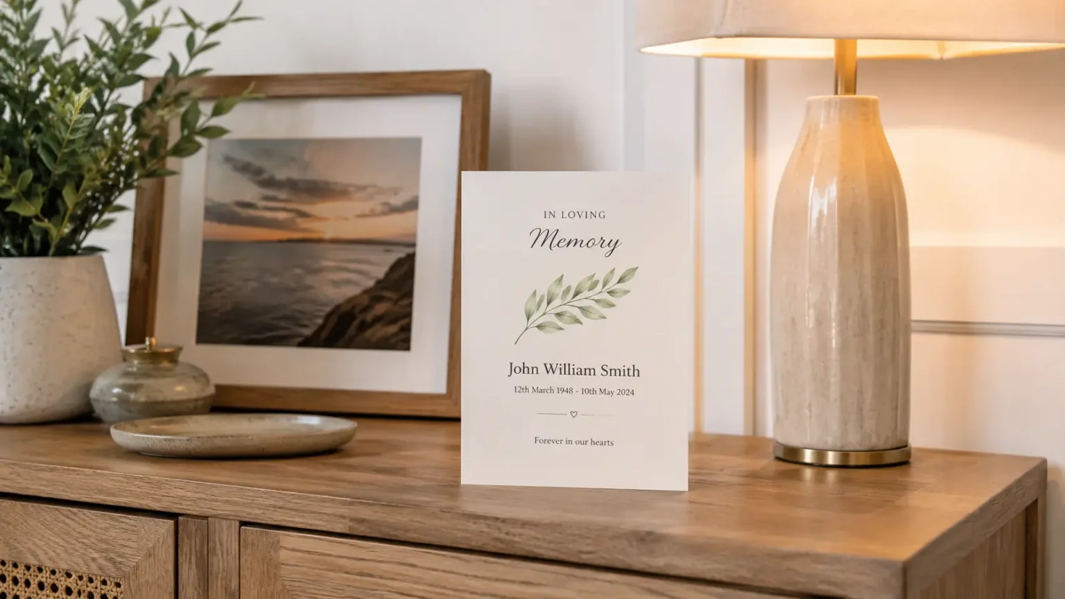 A memorial card reading 'In Loving Memory' displayed on a wooden sideboard beside a framed photo and lamp