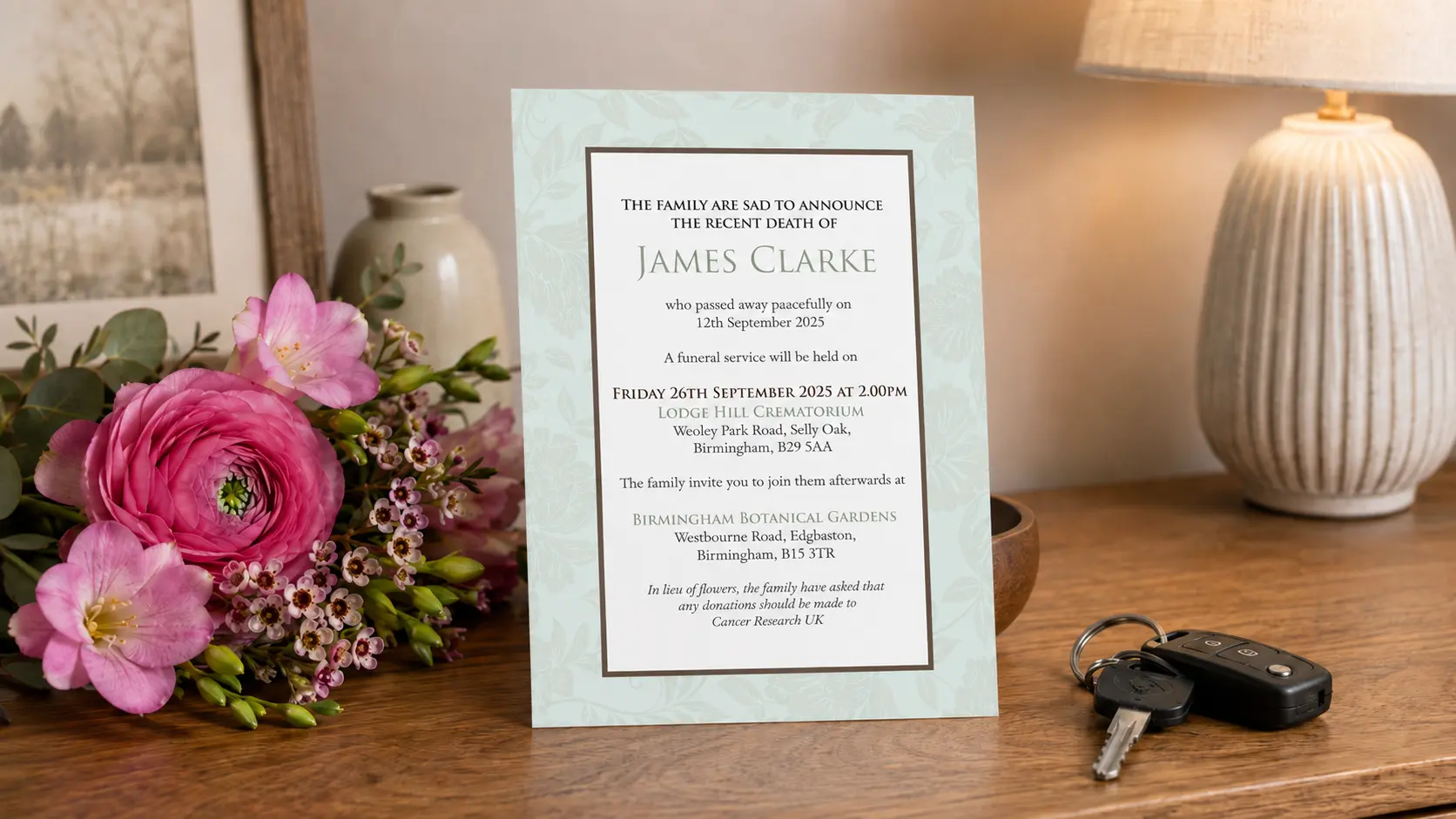 Announcement card or Mourning card on a sideboard in a home