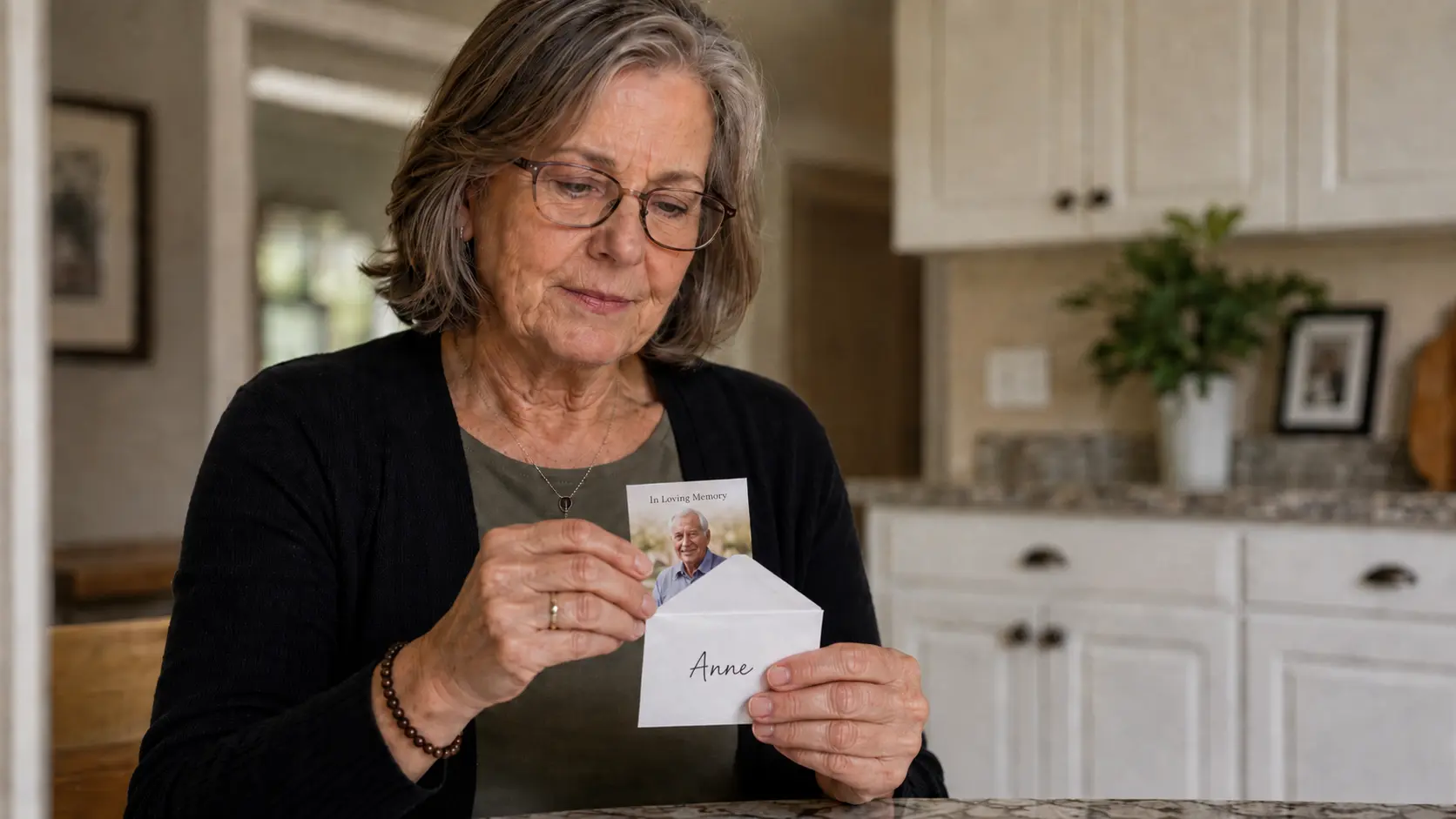 Opening a memorial card at home after being hand delivered in an envelope