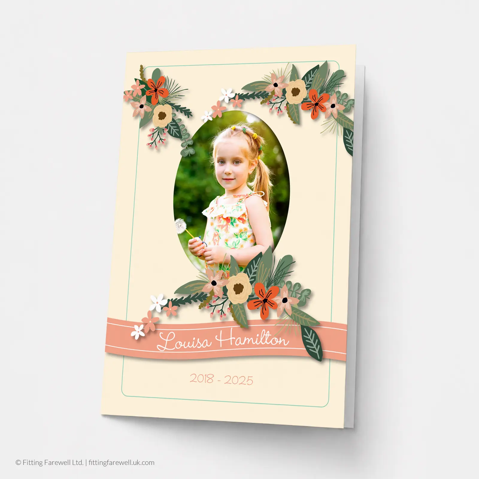 Peach Flower Banner memorial card design with a floral wreath frame around an oval photo and a peach name banner