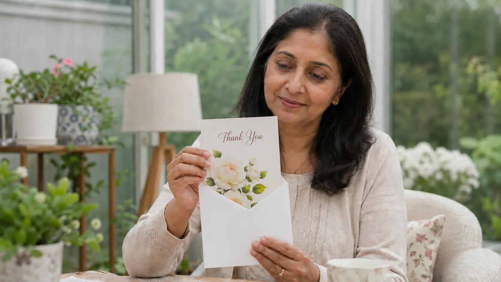 Opening Thank You Card in conservatory